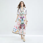 Load image into Gallery viewer, Suit Collar Fashion Printed Lace-up Waist-controlled Large Hem Long Dress
