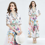 Load image into Gallery viewer, Suit Collar Fashion Printed Lace-up Waist-controlled Large Hem Long Dress
