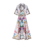 Load image into Gallery viewer, Suit Collar Fashion Printed Lace-up Waist-controlled Large Hem Long Dress
