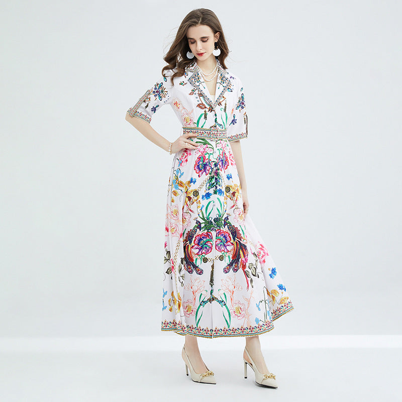 Suit Collar Fashion Printed Lace-up Waist-controlled Large Hem Long Dress